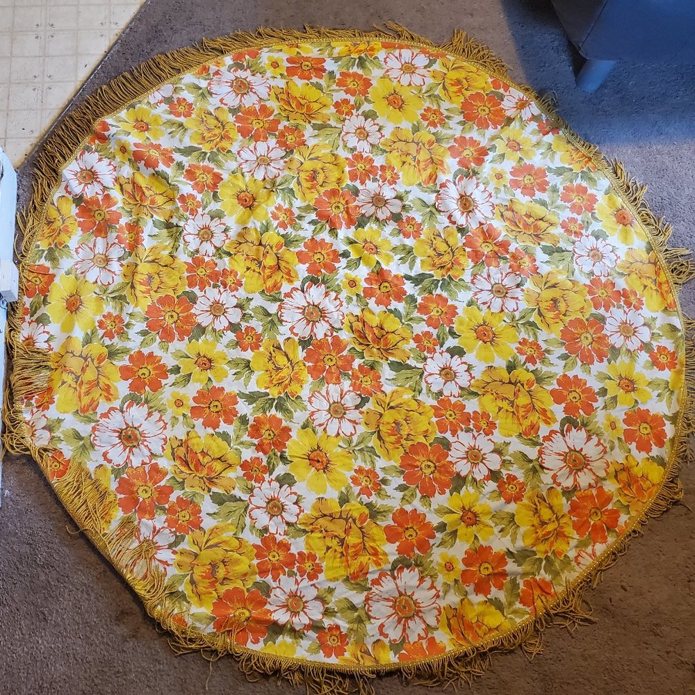 Vintage Floral MCM Tablecloth with Fringe - yellow, orange, green, white